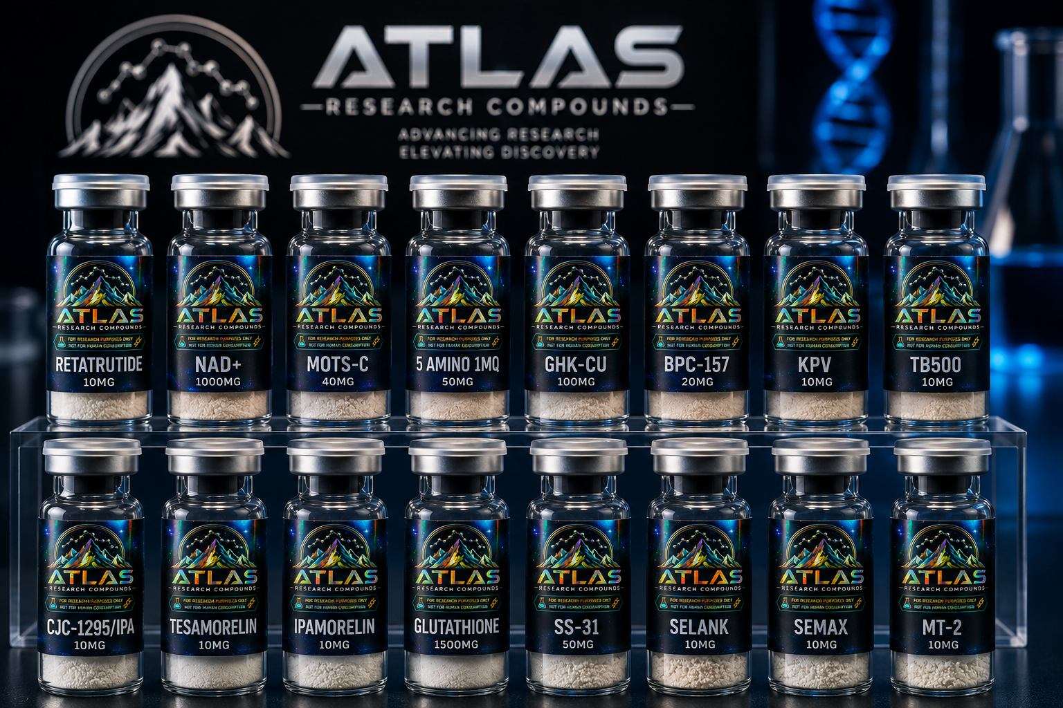 Atlas Research Compounds vial lineup displaying various premium research peptides with labeled bottles arranged on a display shelf